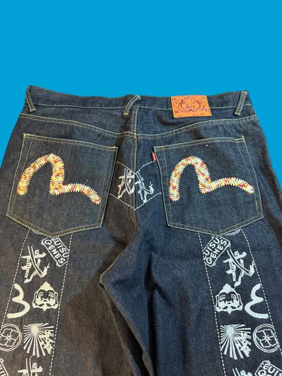 Vintage Evisu Genes Baggy Denim Shorts Size 40 Y2K Embroidered Seagull Jorts - Picture 9 of 13